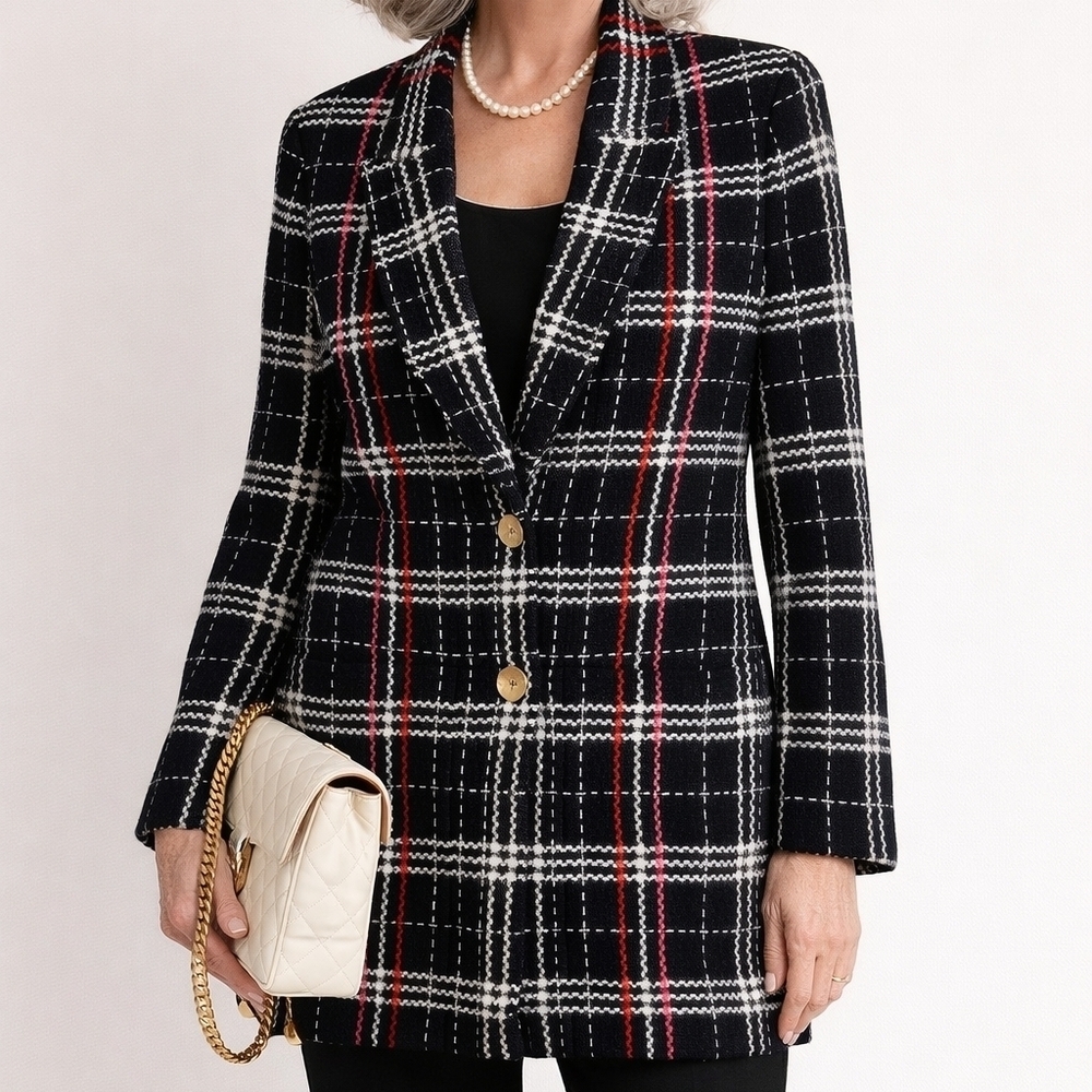 St John Collection Caviar Knit Plaid Blazer Jacket Multi Color Patch Pocket 4